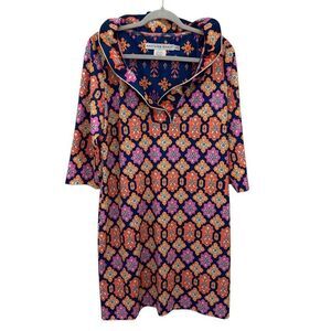 NWOT Gretchen Scott Ruff Neck Dress Size Large Haveli Print Navy Pink